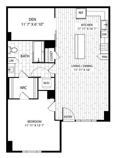 Floor plan for 1 bed, 1 bath, 884 sqft